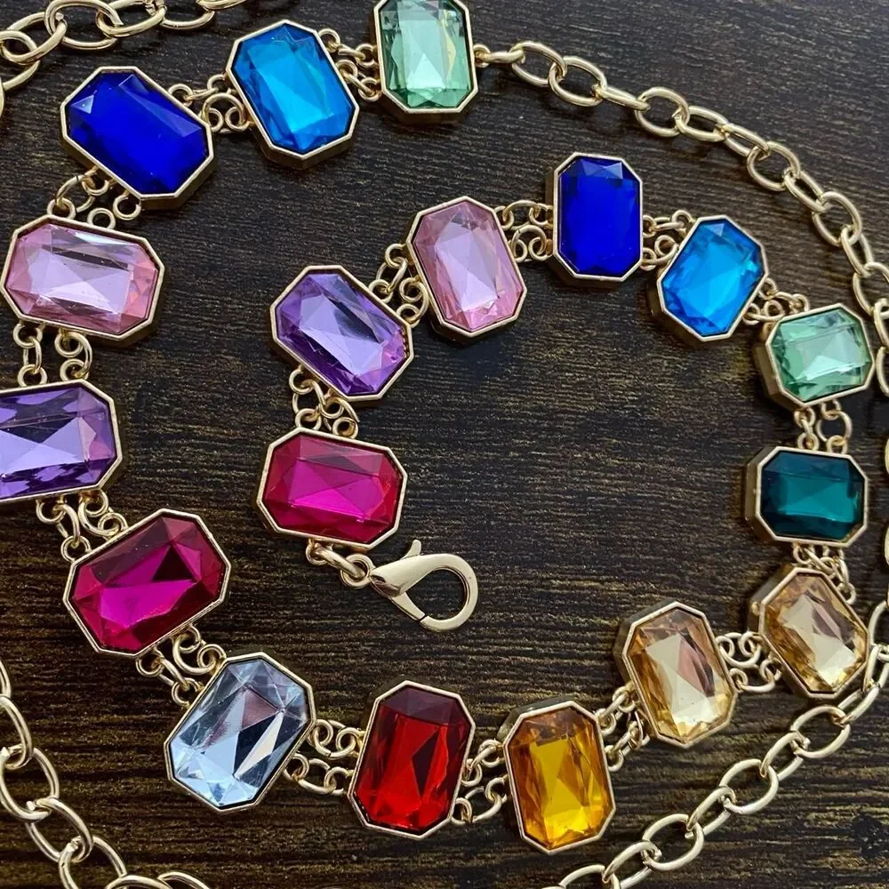 Gold Y2K Rainbow Jewel Waist Chain Belt, Fits 18-37 Inches, X7GA1292